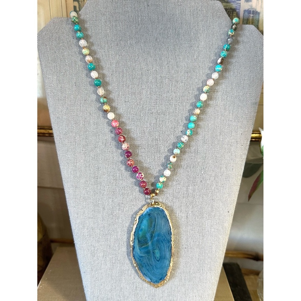 Long Beaded Necklace featuring a large blue agate stone pendant with gold bezel